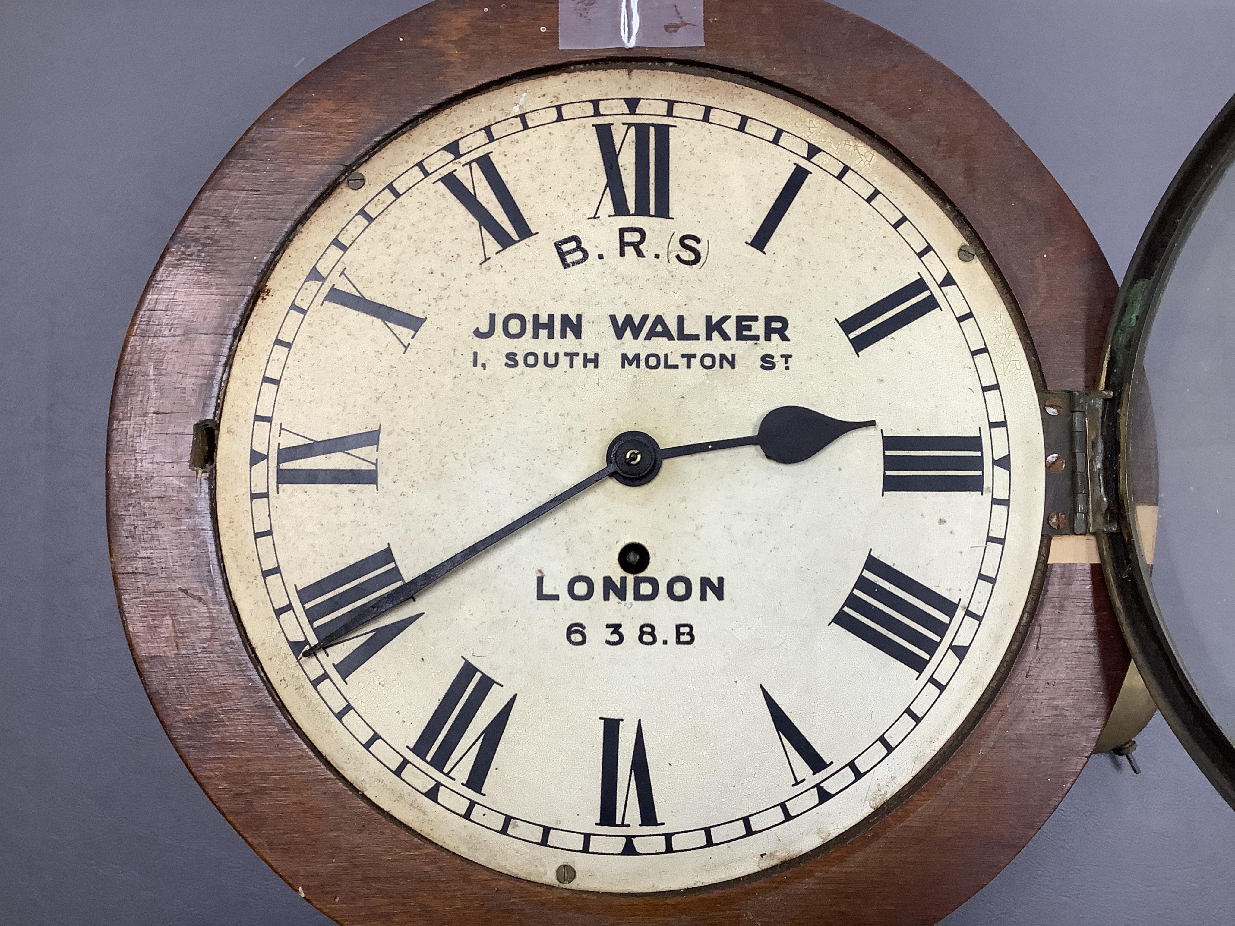A railway timepiece (a.f.), the painted dial with; ’B.R.(S) John Walker 1, South Molton St. London 638.B’, indicating Southern Railway use, later repainted for Southern Region, with fusee eight day movement in a partiall
